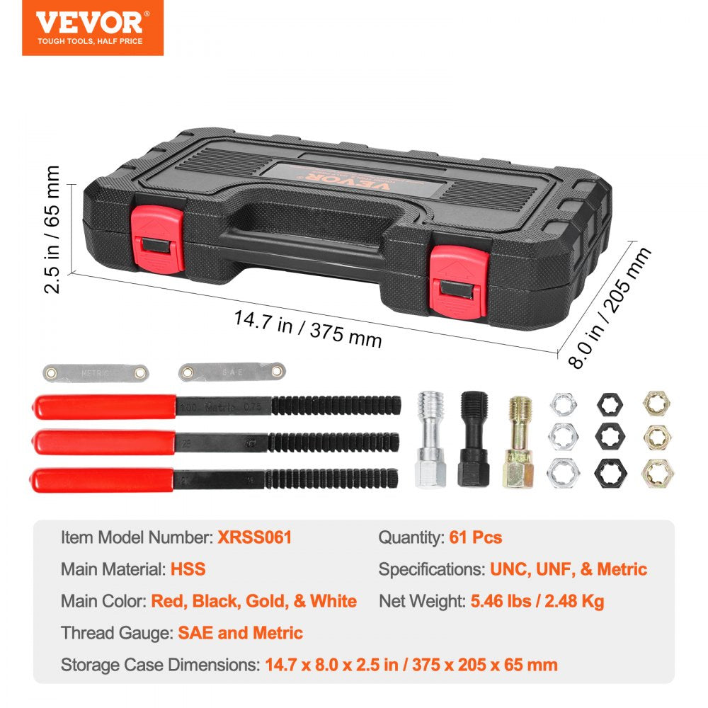 VEVOR 61-Piece Thread Chaser Set, UNC UNF and Metric Thread Restorer Tool, Rethreading Tool Kit with 28 Taps 28 Dies 3 Thread Files Storage Case, Heat Treated Steel, for Mechanics DIY Enthusiasts
