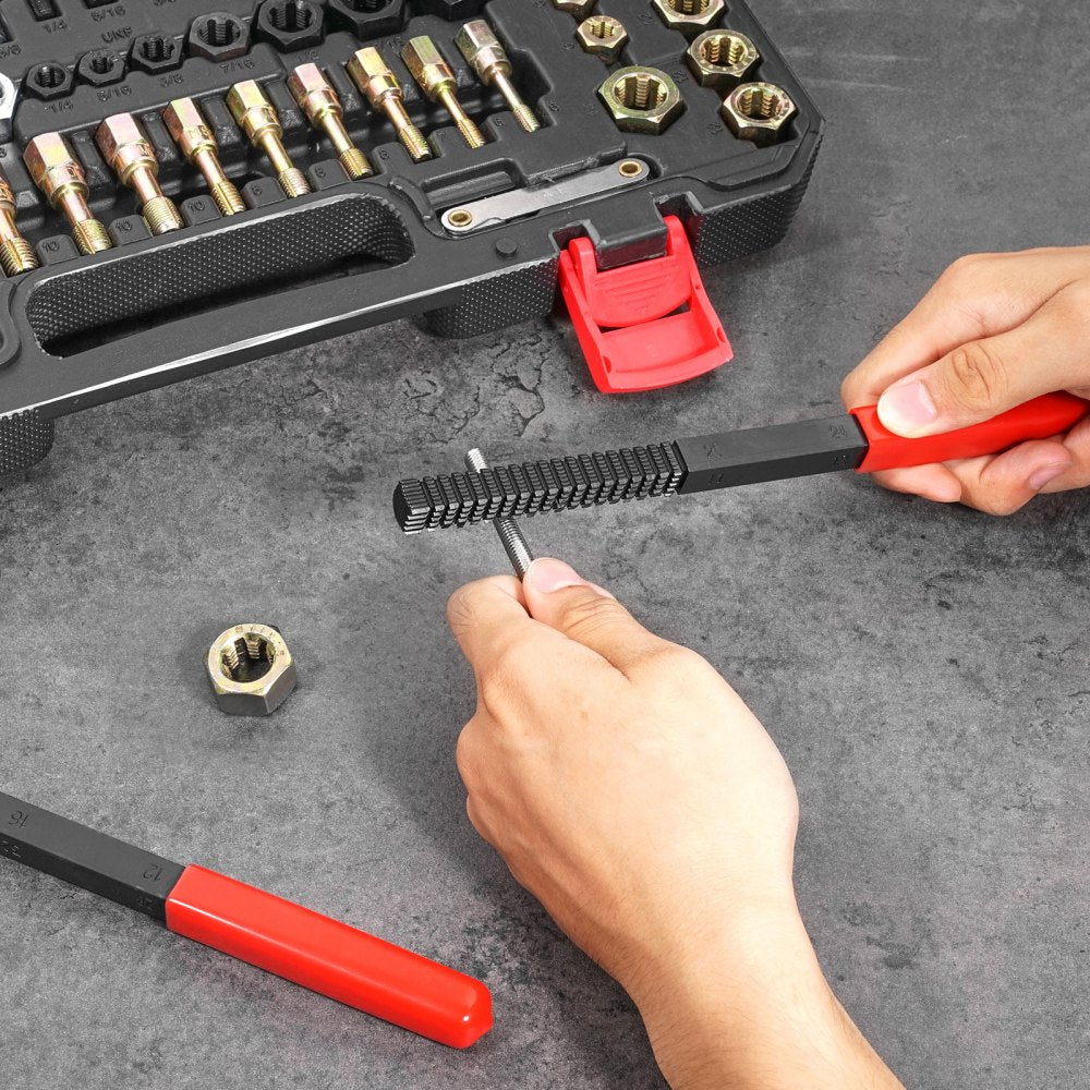 VEVOR 61-Piece Thread Chaser Set, UNC UNF and Metric Thread Restorer Tool, Rethreading Tool Kit with 28 Taps 28 Dies 3 Thread Files Storage Case, Heat Treated Steel, for Mechanics DIY Enthusiasts