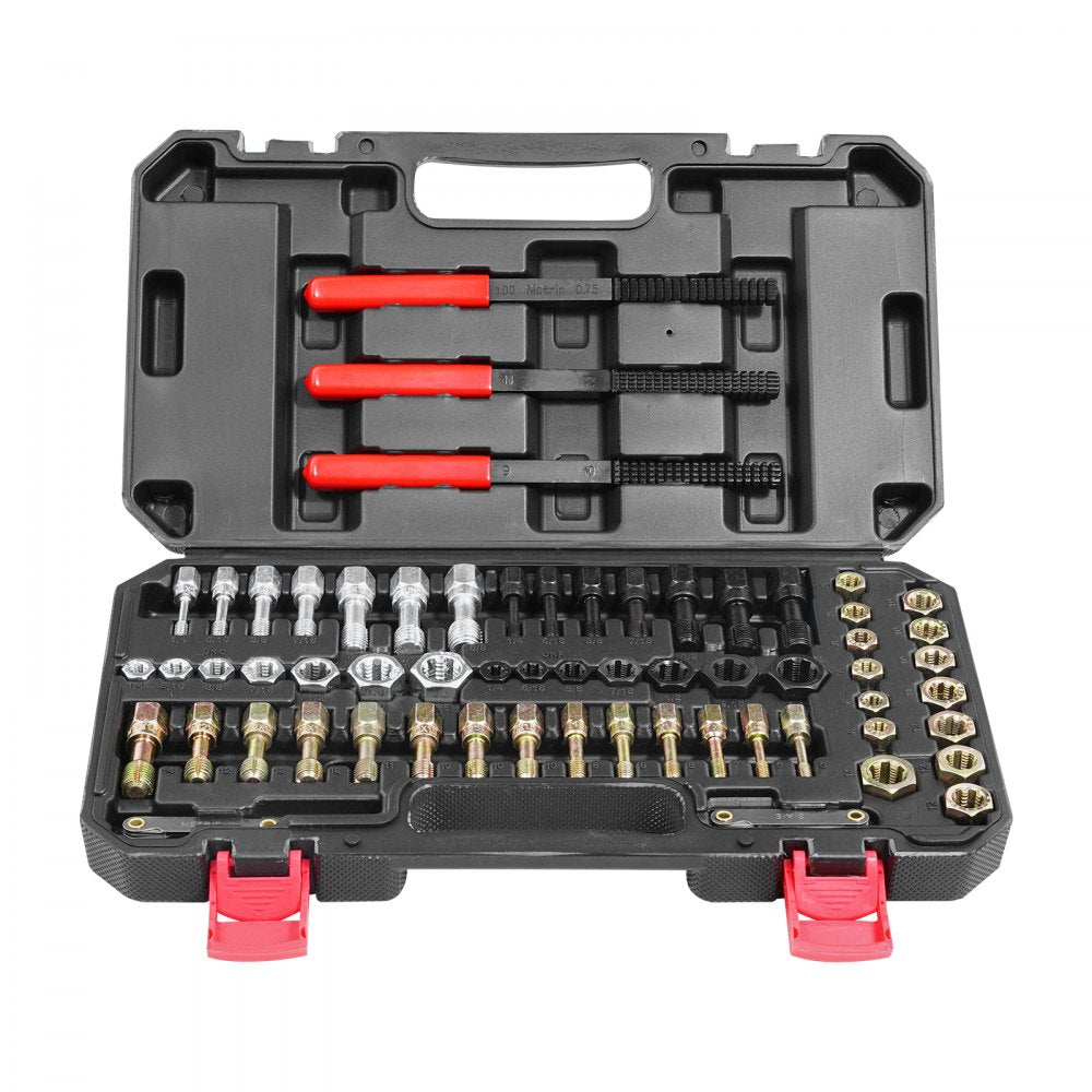 VEVOR 61-Piece Thread Chaser Set, UNC UNF and Metric Thread Restorer Tool, Rethreading Tool Kit with 28 Taps 28 Dies 3 Thread Files Storage Case, Heat Treated Steel, for Mechanics DIY Enthusiasts