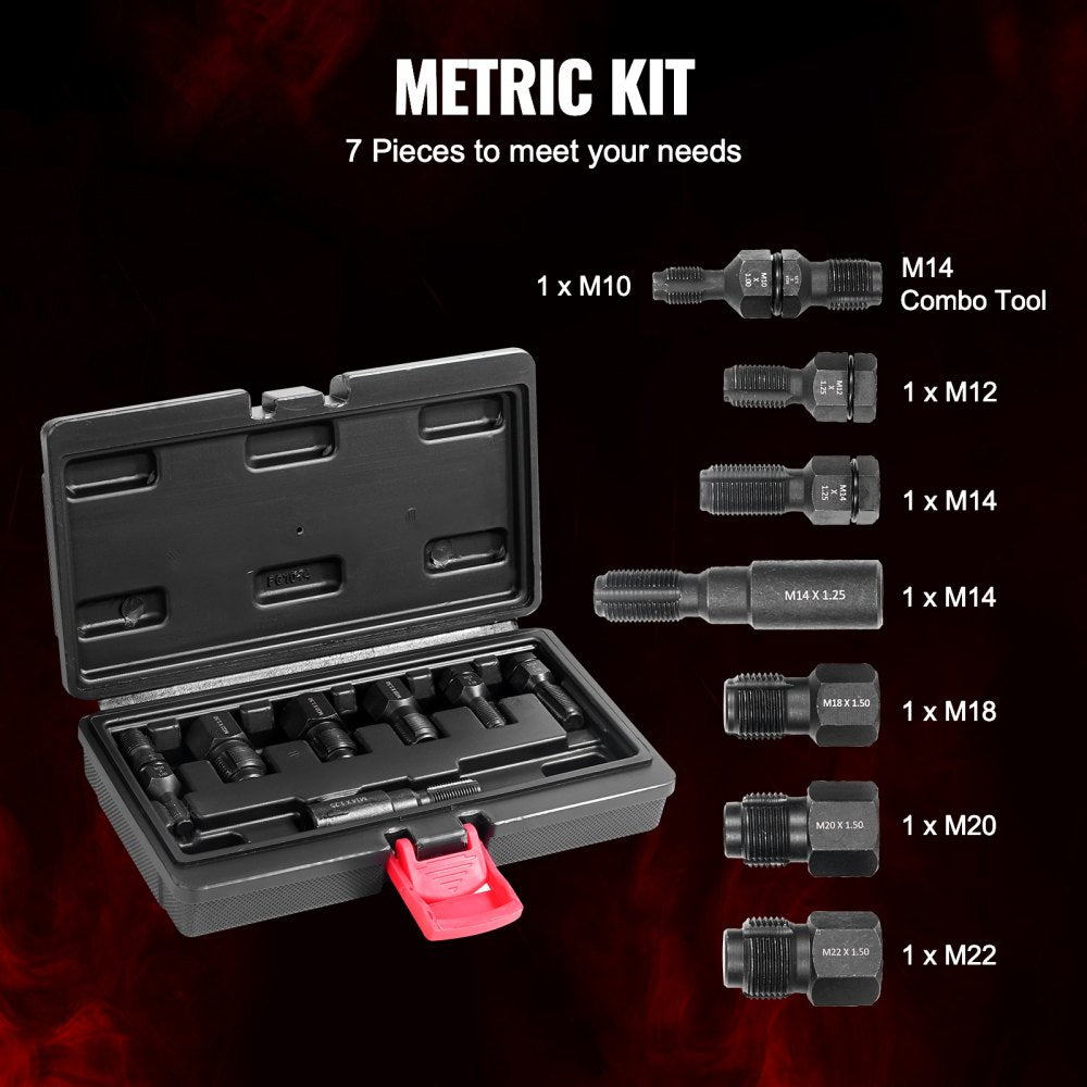 VEVOR 7-Piece Thread Chaser Set, Metric Thread Restorer Tool M10 M12 M14 M18 M20 M22, Rethreading Tool Kit with Storage Case, Heat Treated Carbon Steel, for Automotive Thread Repair Applications