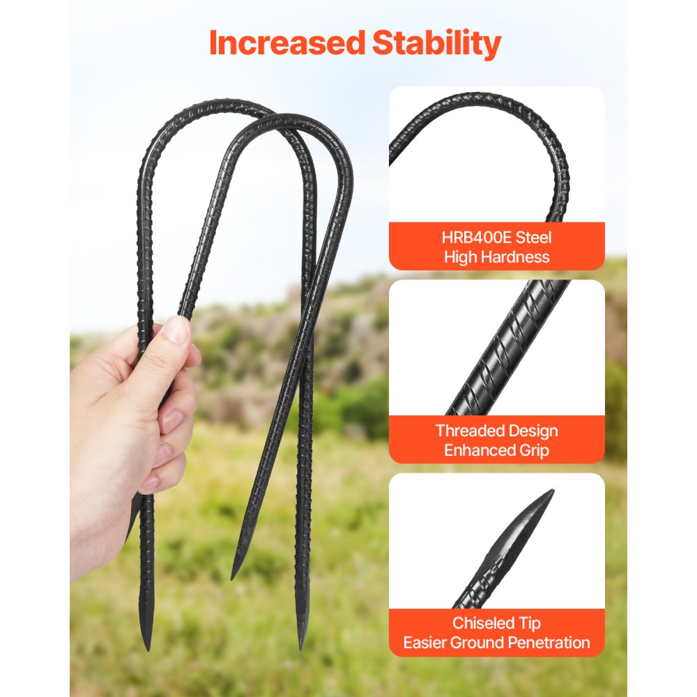 VEVOR Rebar Stakes, 12-Inch, Heavy-Duty 0.32 in Diameter U Shape, Galvanized Steel Ground Anchors with Chisel Point End & Rust-Resistant Coating, for Gardening Support, Fence, Camping Tents (8-Pack)