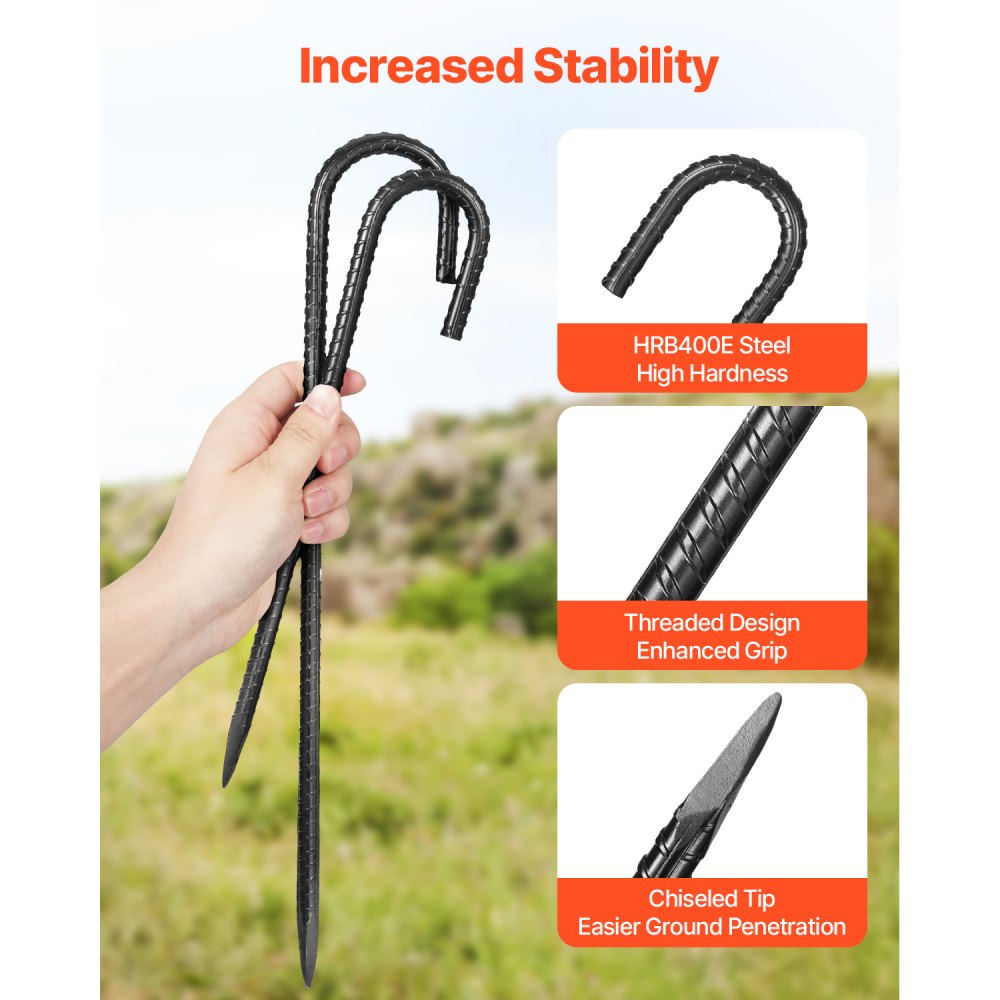 VEVOR Rebar Stakes, 12-Inch, Heavy-Duty 0.4 in Diameter J Hook, Galvanized Steel Ground Anchors with Chisel Point End & Rust-Resistant Coating, for Gardening Support, Fence, Camping Tents (16-Pack)