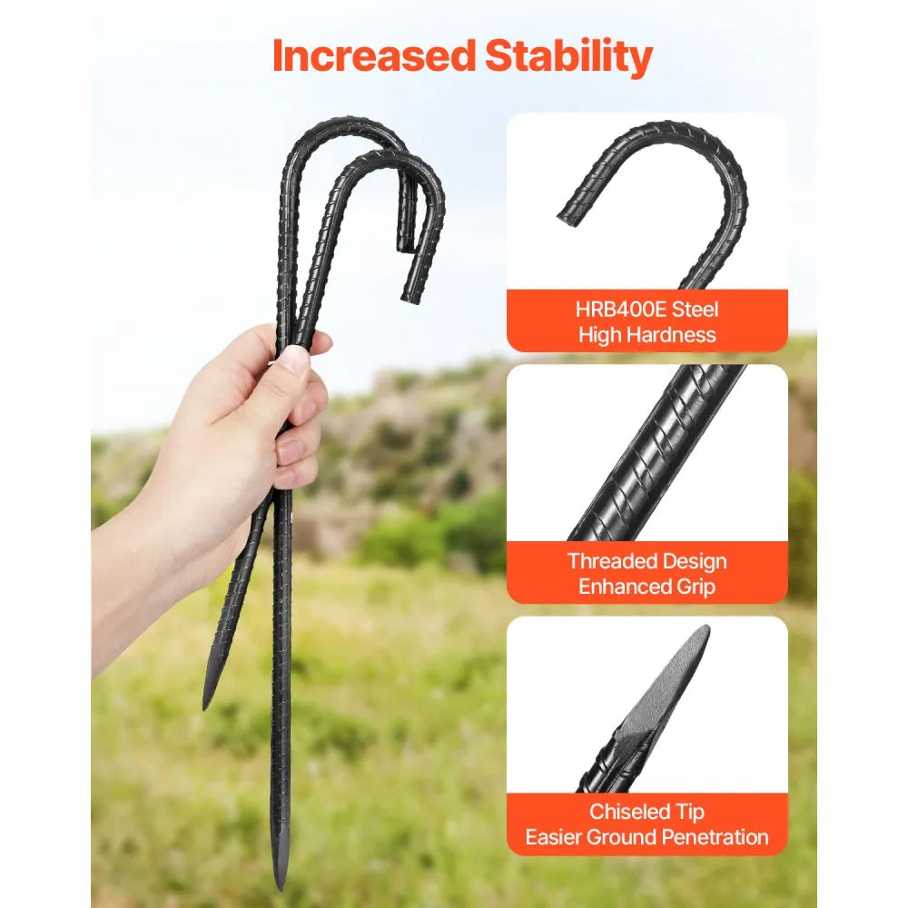 VEVOR Rebar Stakes, 16-Inch, Heavy-Duty 0.4 in Diameter J Hook, Galvanized Steel Ground Anchors with Chisel Point End & Rust-Resistant Coating, for Gardening Support, Fence, Camping Tents (16-Pack)