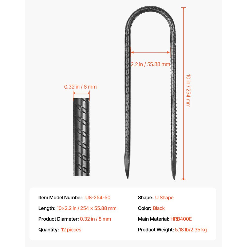 VEVOR Rebar Stakes, 10-Inch, Heavy-Duty 0.32 in Diameter U Shape, Galvanized Steel Ground Anchors with Chisel Point End & Rust-Resistant Coating, for Gardening Support, Fence, Camping Tents (12-Pack)