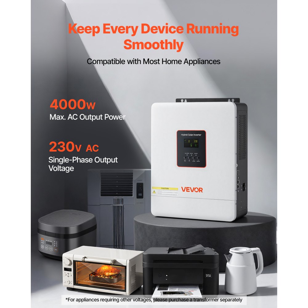 VEVOR 4000W Single-Phase Hybrid Solar Inverter, 24V DC to 230V AC, Pure Sine Wave Power Inverter with Built-in 120A MPPT Solar Controller, WiFi Module, for Lead Acid/Lithium Battery Off-Grid