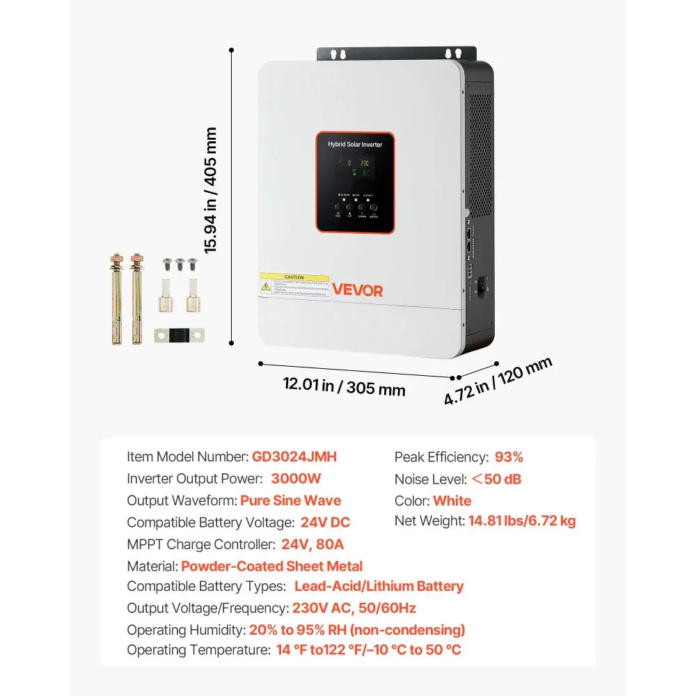 VEVOR 3000W Hybrid Solar Inverter, 24V DC to 230V AC, Pure Sine Wave Power Inverter, Built-in 80A MPPT Solar Controller, Compatible with Lead Acid Lithium Battery, for Home, Camper, Off-Grid