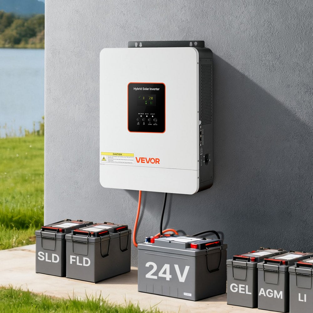 VEVOR 3000W Hybrid Solar Inverter, 24V DC to 230V AC, Pure Sine Wave Power Inverter, Built-in 80A MPPT Solar Controller, Compatible with Lead Acid Lithium Battery, for Home, Camper, Off-Grid