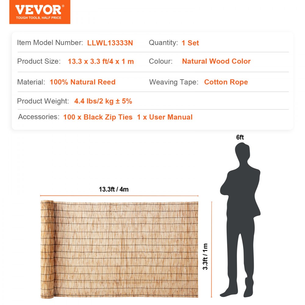 VEVOR Natural Reed Fencing, 3.3 ft x 13.3 ft, Reed Screen Curtain Balcony Reed Fence Roll for Outdoor Backyard Patio, Decorative Fence for Backyard Garden Fencing Divider, Privacy Screen Panel Curtain
