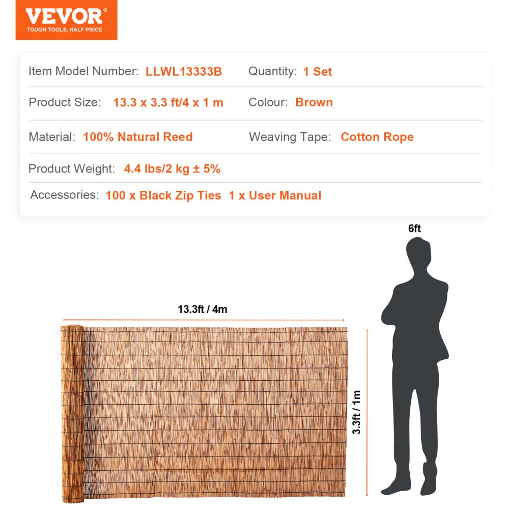 VEVOR Natural Reed Fencing, 3.3 ft x 13.3 ft, Reed Screen Curtain Balcony Reed Fence Roll for Outdoor Backyard Patio, Decorative Fence for Backyard Garden Fencing Divider, Privacy Screen Panel, Brown