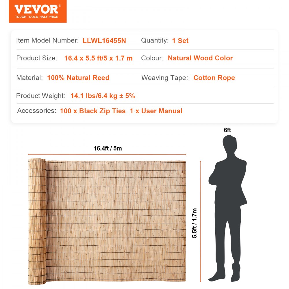 VEVOR Natural Reed Fencing, 5.5 ft x 16.4 ft, Reed Screen Curtain Balcony Reed Fence Roll for Outdoor Backyard Patio, Decorative Fence for Backyard Garden Fencing Divider, Privacy Screen Panel Curtain
