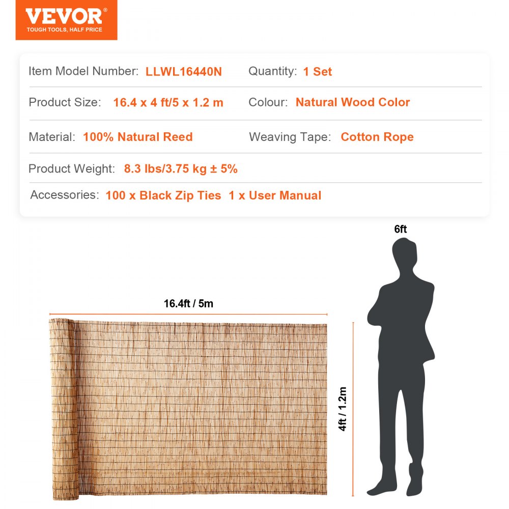 VEVOR Natural Reed Fencing, 4 ft x 16.4 ft, Reed Screen Curtain Balcony Reed Fence Roll for Outdoor Backyard Patio, Decorative Fence for Backyard Garden Fencing Divider, Privacy Screen Panel Curtain