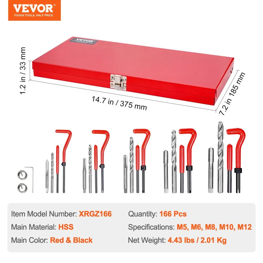 VEVOR Helicoil Thread Repair Kit, 166-Piece Metric HSS Drill Helicoil Repair Kit, M5 M6 M8 M10 M12 Heli Coil Rethreading Tool Kit with HSS Drill Bits Thread Inserts Taps Breakoff Installation Tools