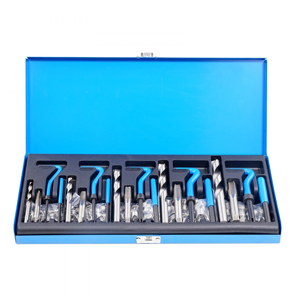 VEVOR Helicoil Thread Repair Kit, 131-Piece SAE HSS Drill Helicoil Repair Kit, 1/4" 5/16" 3/8" 7/16" 1/2"UNC Rethreading Tool Kit with Drill Bits Thread Inserts Taps Breakoff Installation Tools