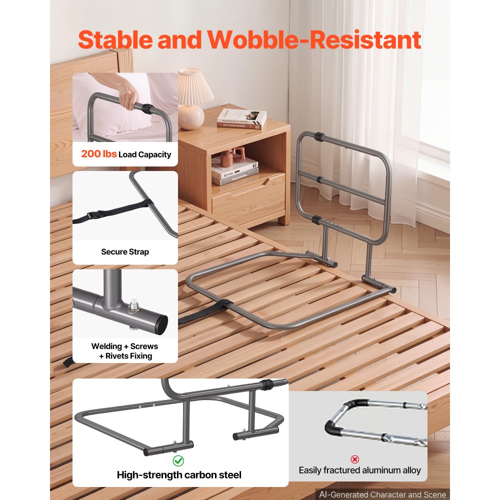 VEVOR Bed Rails for Elderly Adults 200LBS Capacity Bed Side Assist Rail, High-Strength Steel, L-Shaped Bedside Cane for Seniors, Adjustable Handle Length, Fits King Queen Full Twin Beds
