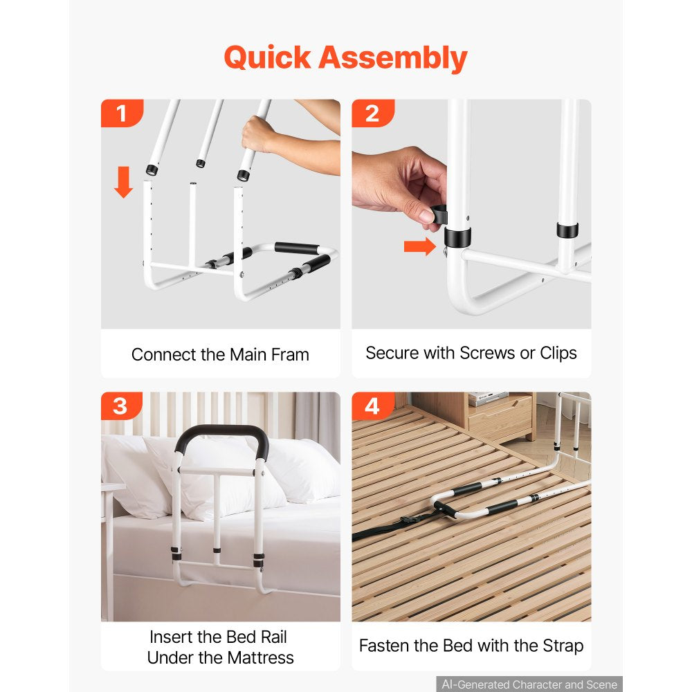 VEVOR Bed Rail for Elderly Adults 200LBS Loading Bed Side Assist Rail, High-Strength Steel Bedside Cane for Seniors, with Adjustable Height & Base Length, Non-Slip Handle, Fit King Queen Full Twin Bed