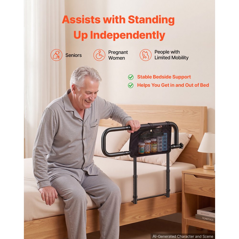 VEVOR Bed Rails for Elderly Adults Folding Bed Side Assist Rail for Seniors, Length & Height Adjustable, High-Strength Steel Bed Cane with Storage Pocket, Fits King Queen Full Twin Bed, 300LBS Support