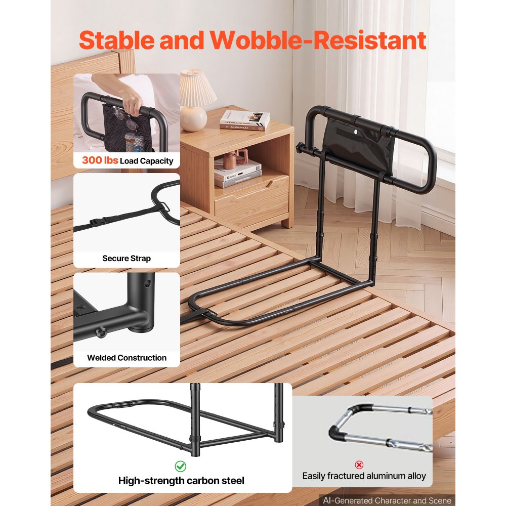 VEVOR Bed Rails for Elderly Adults Folding Bed Side Assist Rail for Seniors, Length & Height Adjustable, High-Strength Steel Bed Cane with Storage Pocket, Fits King Queen Full Twin Bed, 300LBS Support
