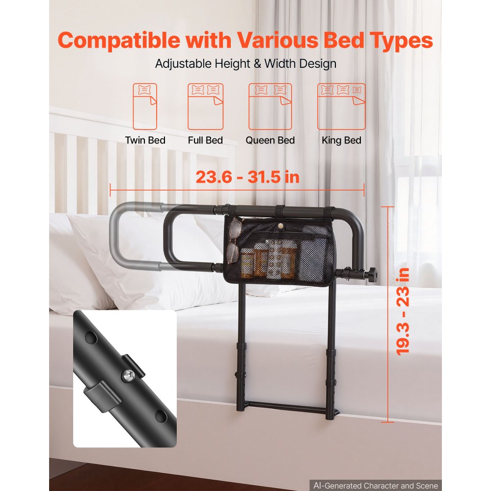 VEVOR Bed Rails for Elderly Adults Folding Bed Side Assist Rail for Seniors, Length & Height Adjustable, High-Strength Steel Bed Cane with Storage Pocket, Fits King Queen Full Twin Bed, 300LBS Support