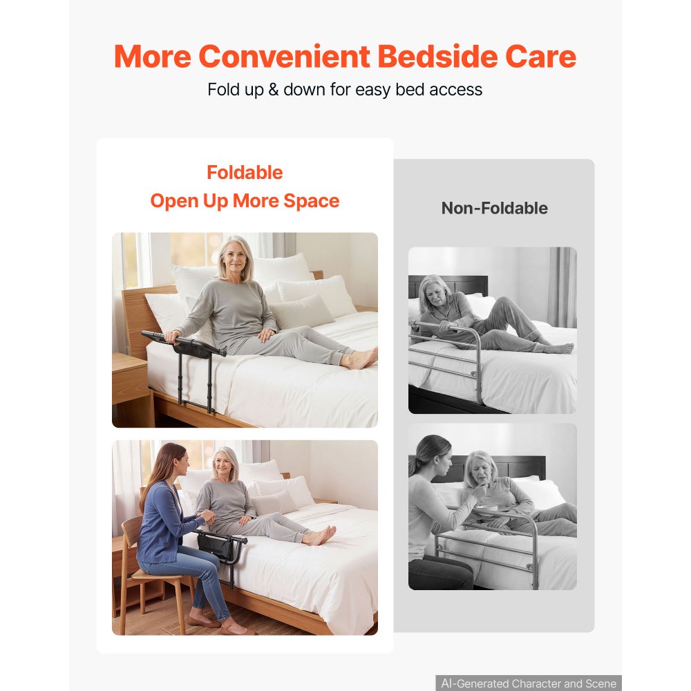 VEVOR Bed Rails for Elderly Adults Folding Bed Side Assist Rail for Seniors, Length & Height Adjustable, High-Strength Steel Bed Cane with Storage Pocket, Fits King Queen Full Twin Bed, 300LBS Support