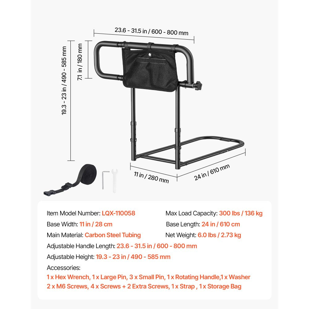 VEVOR Bed Rails for Elderly Adults Folding Bed Side Assist Rail for Seniors, Length & Height Adjustable, High-Strength Steel Bed Cane with Storage Pocket, Fits King Queen Full Twin Bed, 300LBS Support