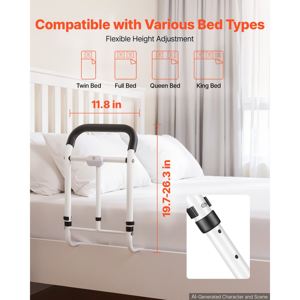 VEVOR Bed Rails for Elderly Adults 200LBS Loading Bed Side Assist Rail, with Motion Sensor LED Light, Adjustable Height & Length, Non-Slip Handle, High-Strength Steel, Fit King Queen Full Twin Bed