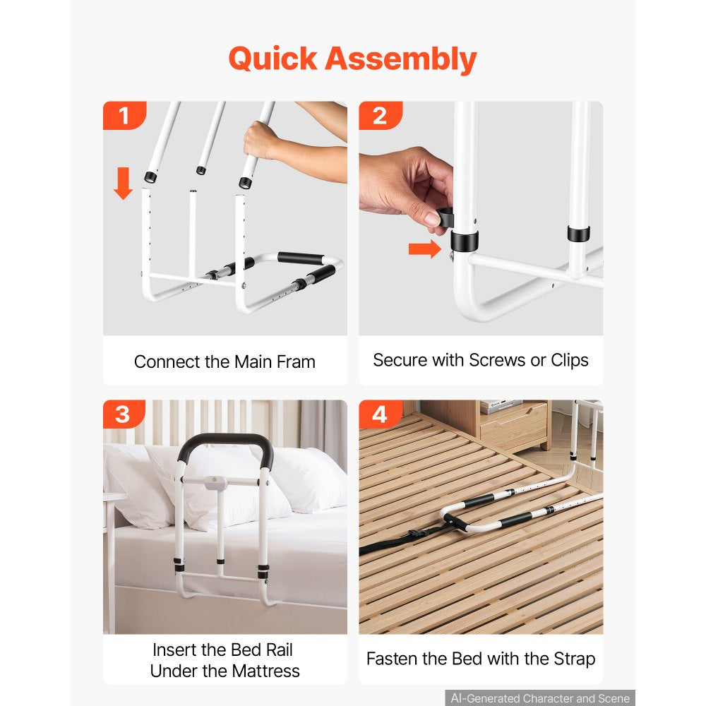 VEVOR Bed Rails for Elderly Adults 200LBS Loading Bed Side Assist Rail, with Motion Sensor LED Light, Adjustable Height & Length, Non-Slip Handle, High-Strength Steel, Fit King Queen Full Twin Bed