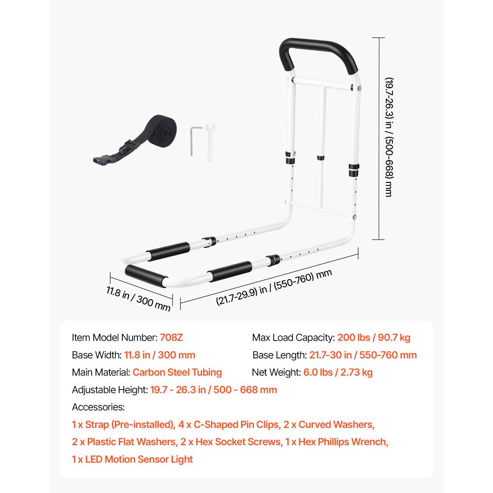 VEVOR Bed Rails for Elderly Adults 200LBS Loading Bed Side Assist Rail, with Motion Sensor LED Light, Adjustable Height & Length, Non-Slip Handle, High-Strength Steel, Fit King Queen Full Twin Bed