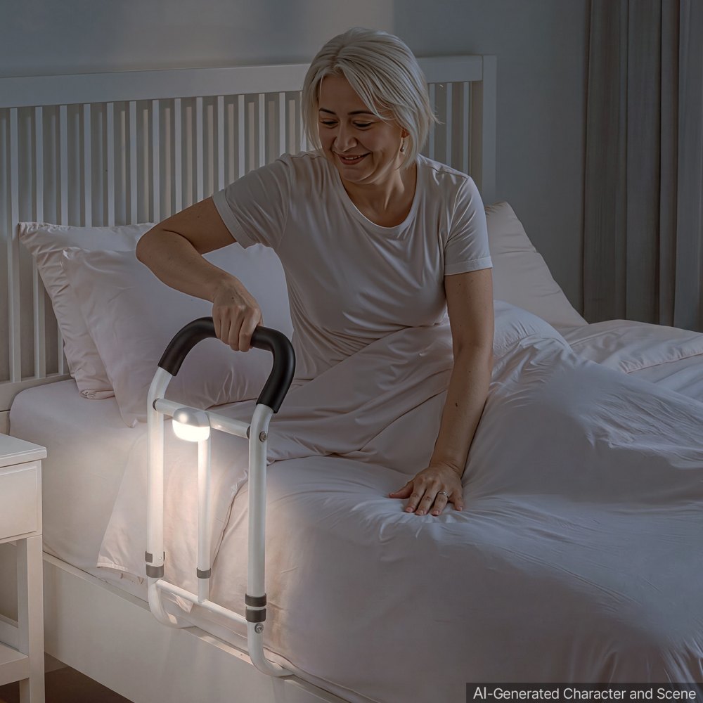 VEVOR Bed Rails for Elderly Adults 200LBS Loading Bed Side Assist Rail, with Motion Sensor LED Light, Adjustable Height & Length, Non-Slip Handle, High-Strength Steel, Fit King Queen Full Twin Bed