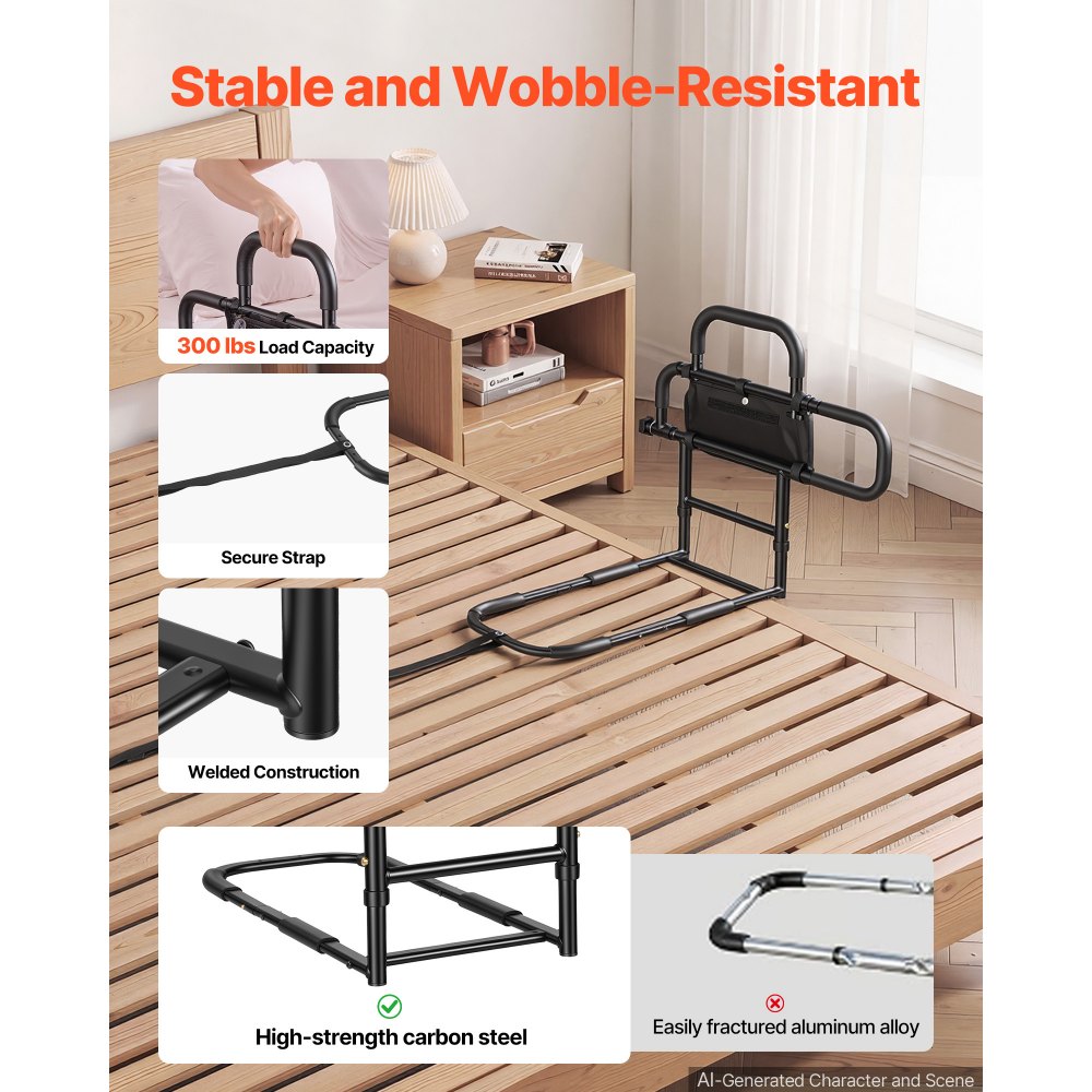 VEVOR Bed Rail for Elderly Adults Foldable Bedside Assist Rail for Seniors, 300LBS Dual-Handle Support, Adjustable Handle Length, High-Strength Steel, with Storage Pocket, Fit King Queen Full Twin Bed