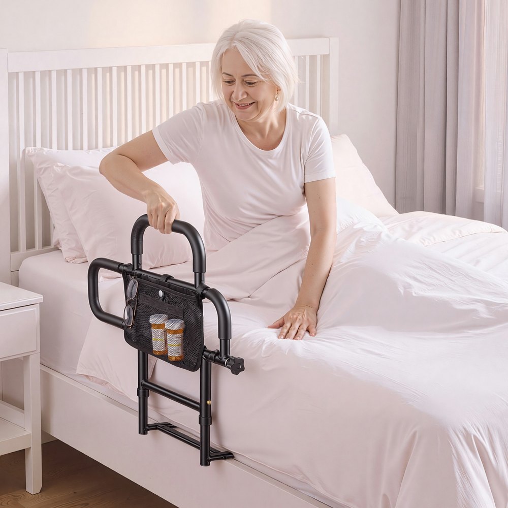 VEVOR Bed Rail for Elderly Adults Foldable Bedside Assist Rail for Seniors, 300LBS Dual-Handle Support, Adjustable Handle Length, High-Strength Steel, with Storage Pocket, Fit King Queen Full Twin Bed