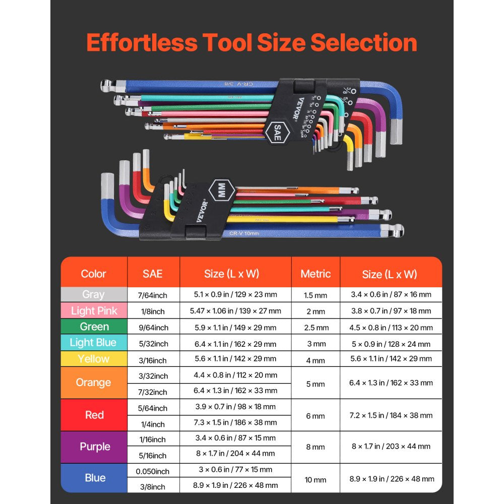 VEVOR Hex Key Allen Wrench Set, 22 pcs SAE (0.050-3/8 in) and Metric (1.5-10 mm), Color Coding Allen Wrenches Sets with Ball End, Long Arm L-Shaped Hex Key for Bicycle, Household, Automobile Repair