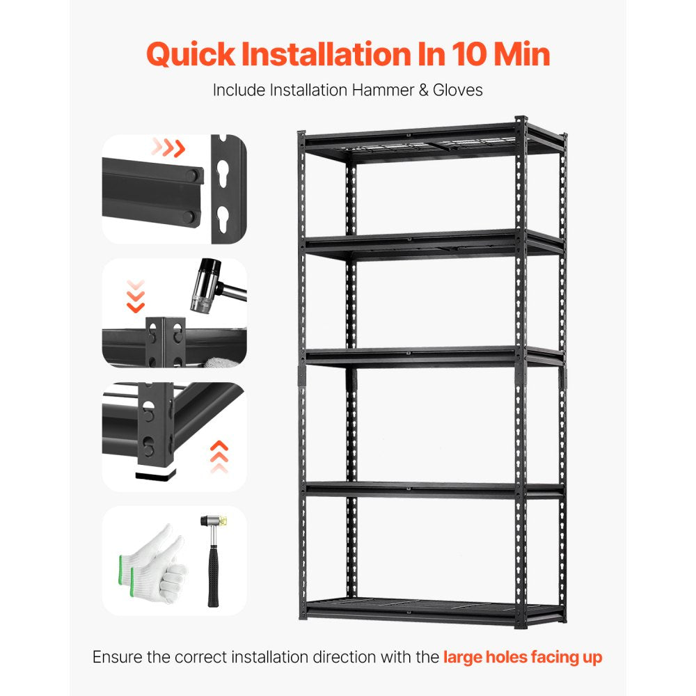 VEVOR Storage Shelves, 2000 lbs, 5 Tier Heavy Duty Garage Shelving, 16" D x 36" W x 72" H Adjustable Metal Shelves for Industrial Shelving Unit Utility Shelf, for Kitchen, Warehouse, Basement, Black