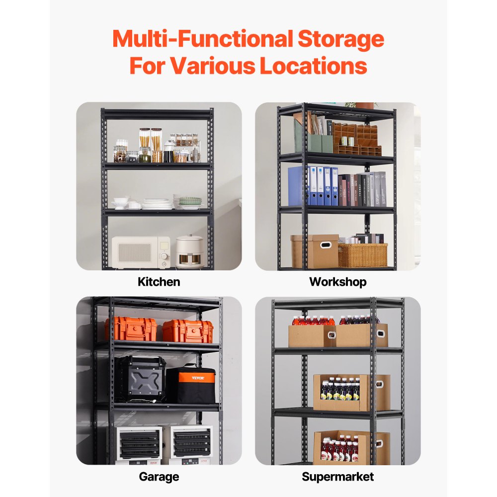 VEVOR Storage Shelves, 2000 lbs, 5 Tier Heavy Duty Garage Shelving, 16" D x 36" W x 72" H Adjustable Metal Shelves for Industrial Shelving Unit Utility Shelf, for Kitchen, Warehouse, Basement, Black