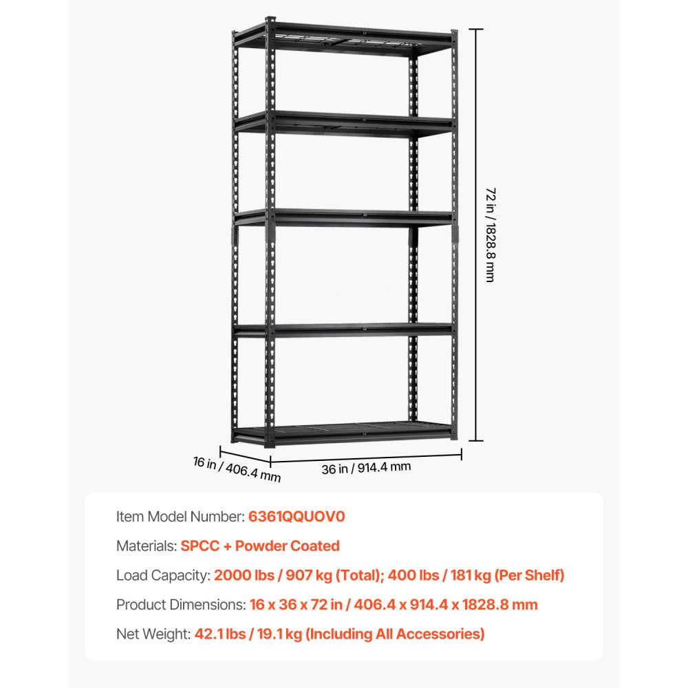 VEVOR Storage Shelves, 2000 lbs, 5 Tier Heavy Duty Garage Shelving, 16" D x 36" W x 72" H Adjustable Metal Shelves for Industrial Shelving Unit Utility Shelf, for Kitchen, Warehouse, Basement, Black