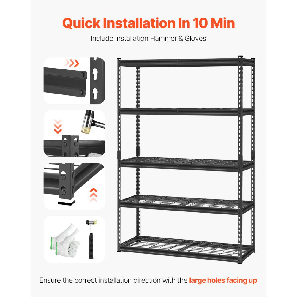 VEVOR Storage Shelves, 2500 lbs, 5 Tier Heavy Duty Garage Shelving, 18" D x 48" W x 72" H Adjustable Metal Shelves for Industrial Shelving Unit Utility Shelf, for Kitchen, Warehouse, Basement, Black
