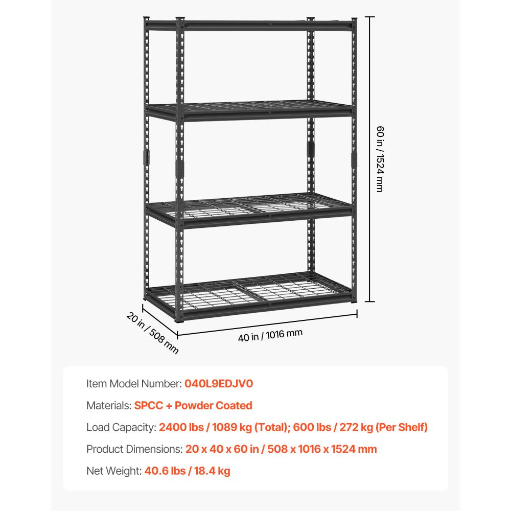 VEVOR Storage Shelves, 2400 lbs, 4 Tier Heavy Duty Garage Shelving, 20" D x 40" W x 60" H Adjustable Metal Shelves for Industrial Shelving Unit Utility Shelf, for Kitchen, Warehouse, Basement, Black
