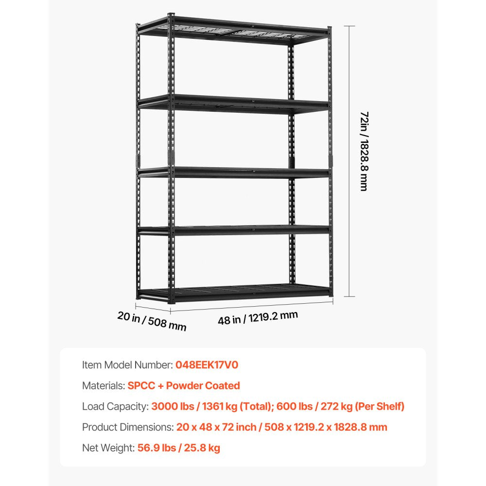 VEVOR Storage Shelves, 3000 lbs, 5 Tier Heavy Duty Garage Shelving, 20" D x 48" W x 72" H Adjustable Metal Shelves for Industrial Shelving Unit Utility Shelf, for Kitchen, Warehouse, Basement, Black