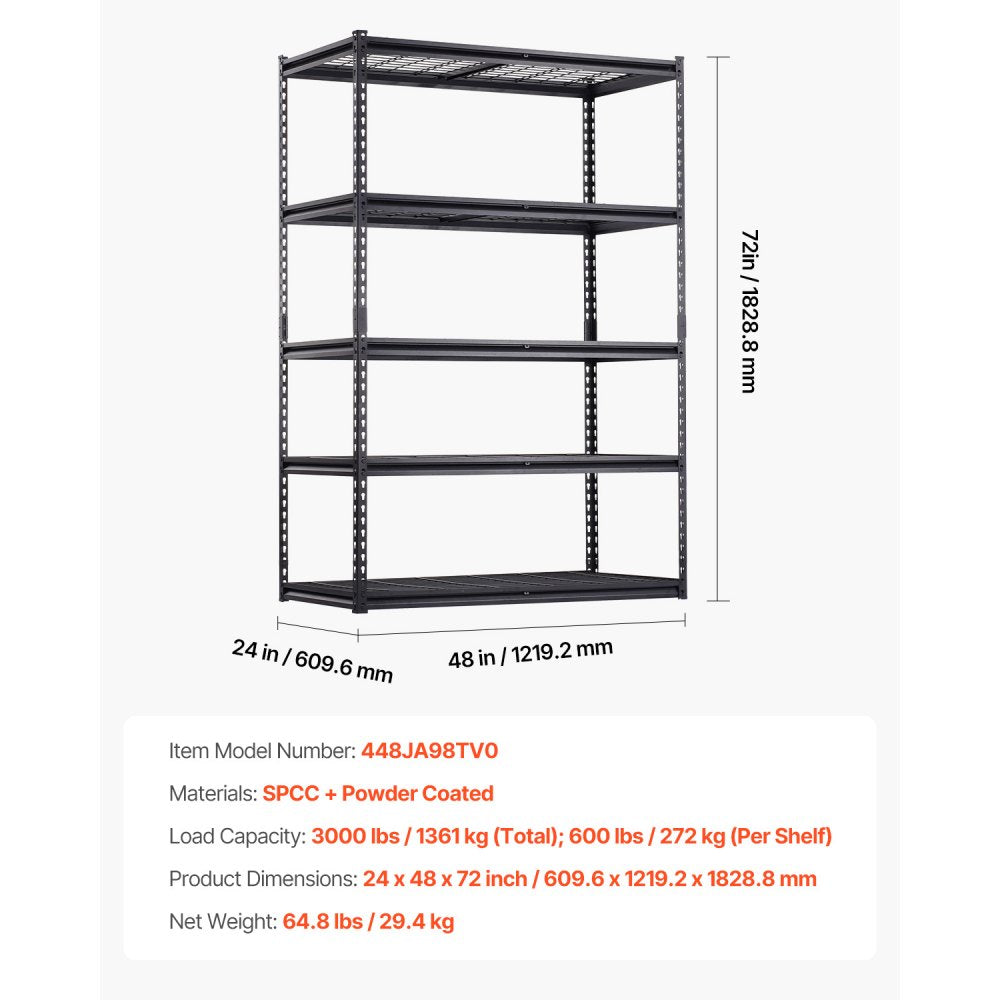 VEVOR Storage Shelves, 3000 lbs, 5 Tier Heavy Duty Garage Shelving, 24" D x 48" W x 72" H Adjustable Metal Shelves for Industrial Shelving Unit Utility Shelf, for Kitchen, Warehouse, Basement, Black