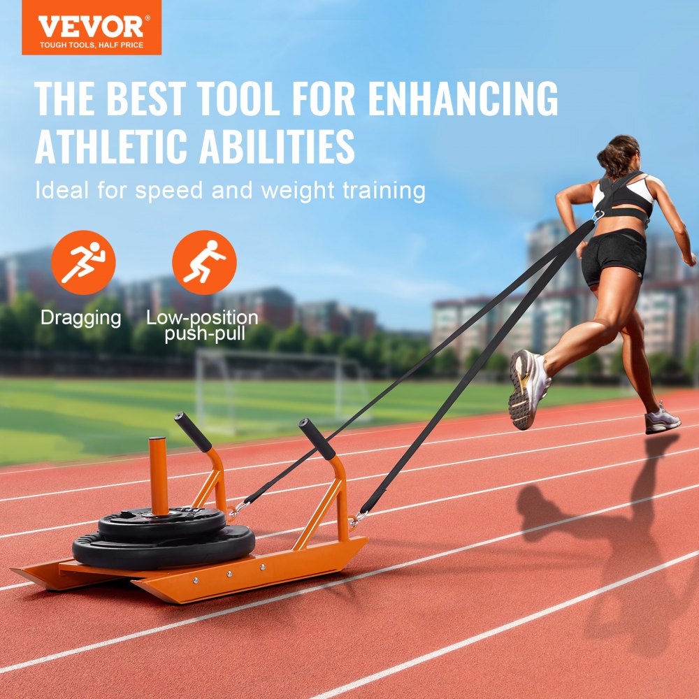 VEVOR Weight Training Pull Sled, Fitness Strength Speed Training Sled with Handle, Steel Power Sled Workout Equipment for Athletic Exercise & Speed Improvement, Suitable for 1"&2" Weight Plate, Orange