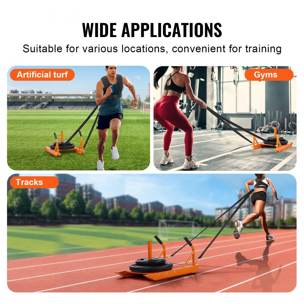 VEVOR Weight Training Pull Sled, Fitness Strength Speed Training Sled with Handle, Steel Power Sled Workout Equipment for Athletic Exercise & Speed Improvement, Suitable for 1"&2" Weight Plate, Orange