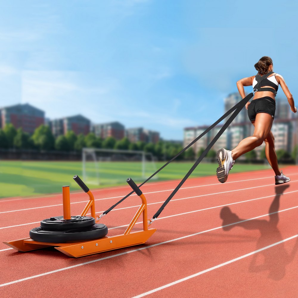 VEVOR Weight Training Pull Sled, Fitness Strength Speed Training Sled with Handle, Steel Power Sled Workout Equipment for Athletic Exercise & Speed Improvement, Suitable for 1"&2" Weight Plate, Orange