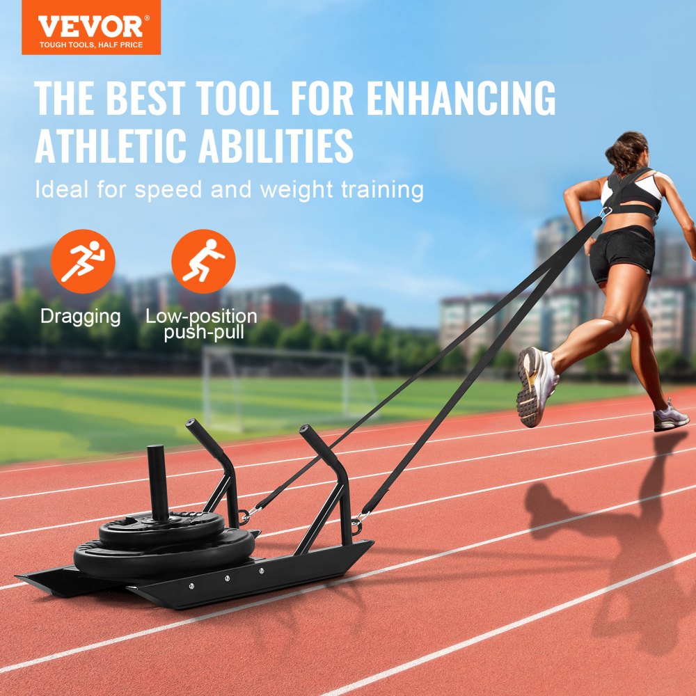 VEVOR Weight Training Pull Sled, Fitness Strength Speed Training Sled with Handle, Steel Power Sled Workout Equipment for Athletic Exercise & Speed Improvement, Suitable for 1"&2" Weight Plate, Black