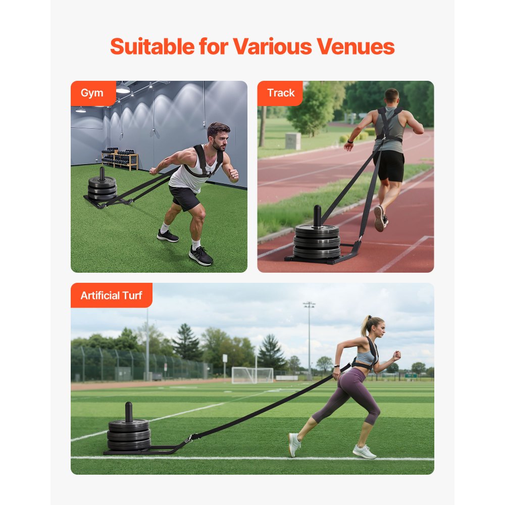 VEVOR Weight Sled, Steel Power Sled, Fitness Strength Training Sleds for Athletic Exercise Speed Improvement, Workout Fitness Equipment with Harness, Compatible with 1/2 in Weight Plates, Black