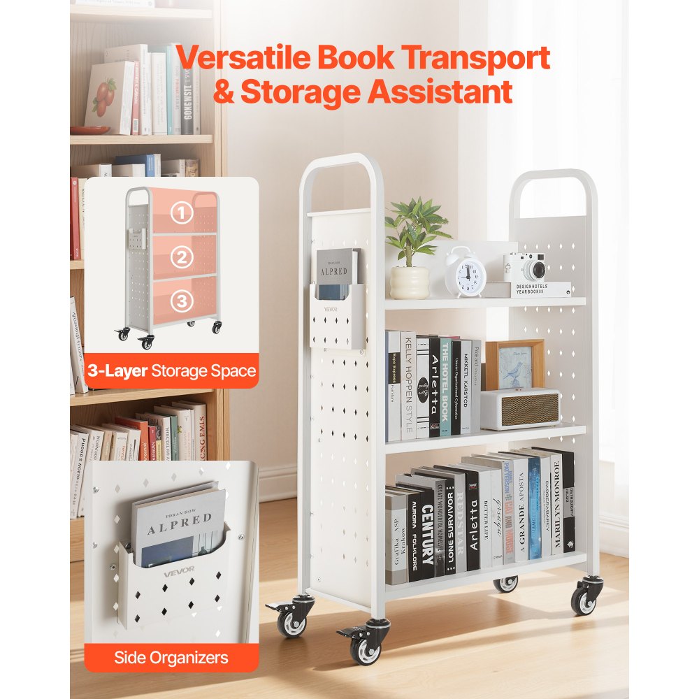 VEVOR Rolling Library Book Cart, 330 lbs Capacity, 30.3 x 15 x 48.0-Inch Library Cart, Single Sided L-Shaped Shelves with 3-Inch Lockable Wheels, Book Truck for Home Shelves Office and School, White