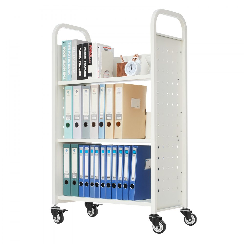 VEVOR Rolling Library Book Cart, 330 lbs Capacity, 30.3 x 15 x 48.0-Inch Library Cart, Single Sided L-Shaped Shelves with 3-Inch Lockable Wheels, Book Truck for Home Shelves Office and School, White