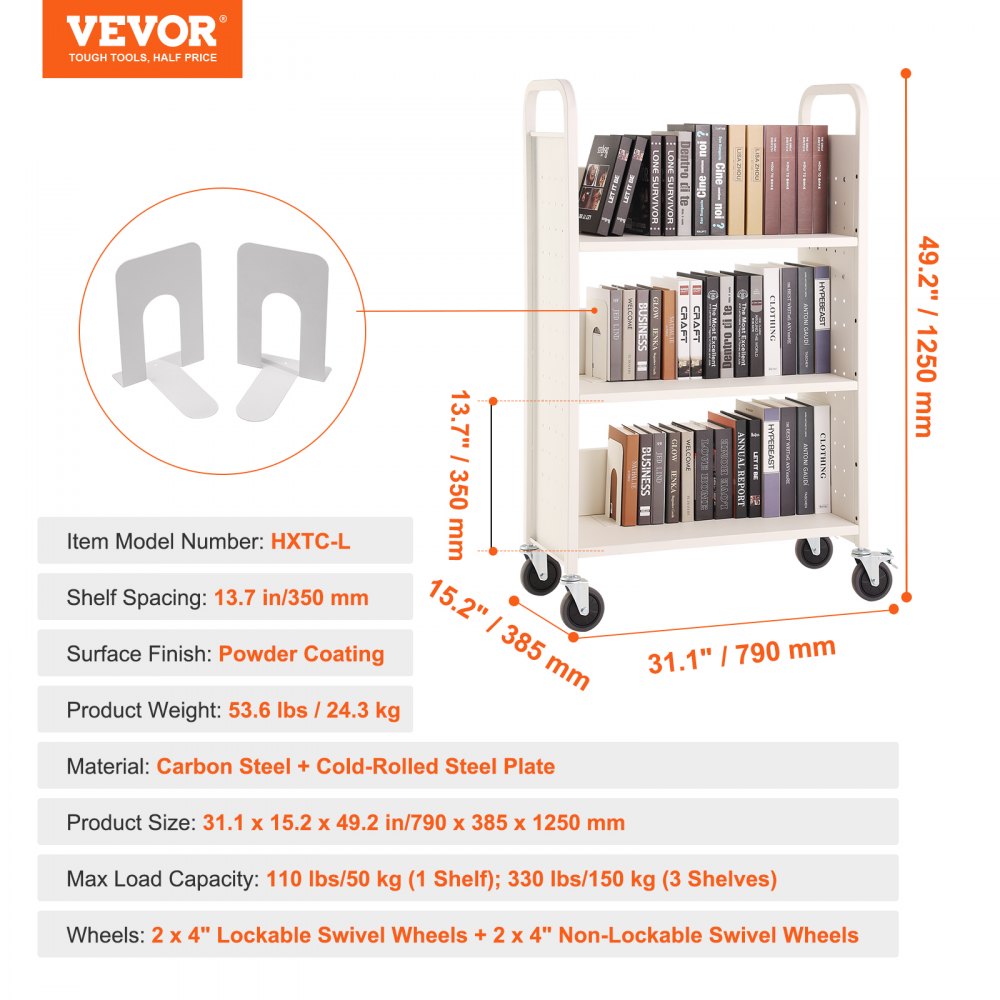VEVOR Book Cart, 330 lbs Library Cart, 31.1" x 15.2" x 49.2" Rolling Book Cart, Single Sided L-Shaped Flat Shelves with 4-Inch Lockable Wheels for Home Shelves Office and School, Book Truck in White