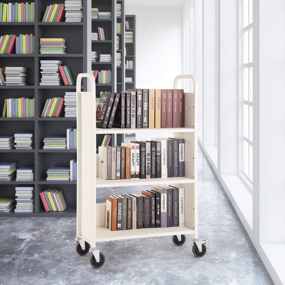 VEVOR Book Cart, 330 lbs Library Cart, 31.1" x 15.2" x 49.2" Rolling Book Cart, Single Sided L-Shaped Flat Shelves with 4-Inch Lockable Wheels for Home Shelves Office and School, Book Truck in White