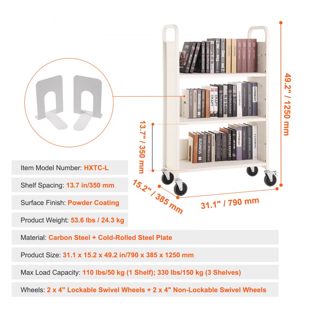 VEVOR Book Cart, 330 lbs Library Cart, 31.1" x 15.2" x 49.2" Rolling Book Cart, Single Sided L-Shaped Flat Shelves with 4-Inch Lockable Wheels for Home Shelves Office and School, Book Truck in White