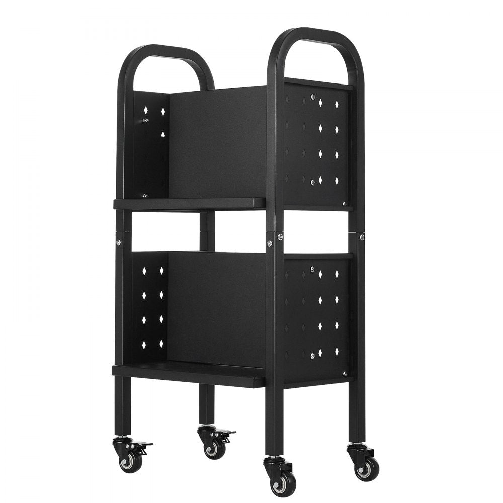 VEVOR Rolling Library Book Cart, 150 lbs Capacity, 17.7 x 13.0 x 34.6-Inch Library Cart, Double Sided L-Shaped Shelves with 2-Inch Lockable Wheels, Book Truck for Home Shelves Office and School, Black