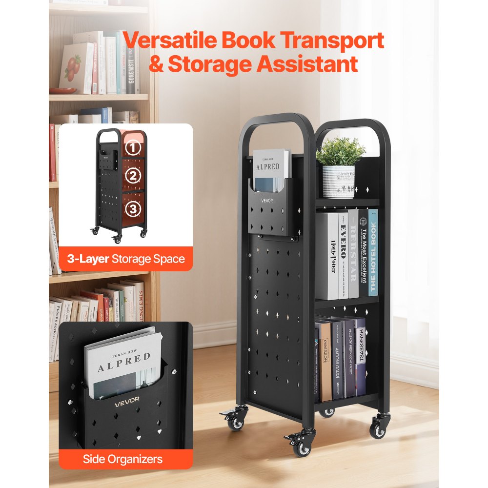 VEVOR Rolling Library Book Cart, 220 lbs Capacity, 12.6 x 13.8 x 36.8-Inch Library Cart, Single Sided L-Shaped Shelves with 2-Inch Lockable Wheels, Book Truck for Home Shelves Office and School, Black